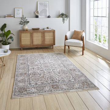 Vintage 35027 Traditional Distressed Koum Floral Vine Border Soft-Touch Beige/Brown/Cream/Blue Rug-Think Rugs-Rug Love - The Most Loved Rug Store